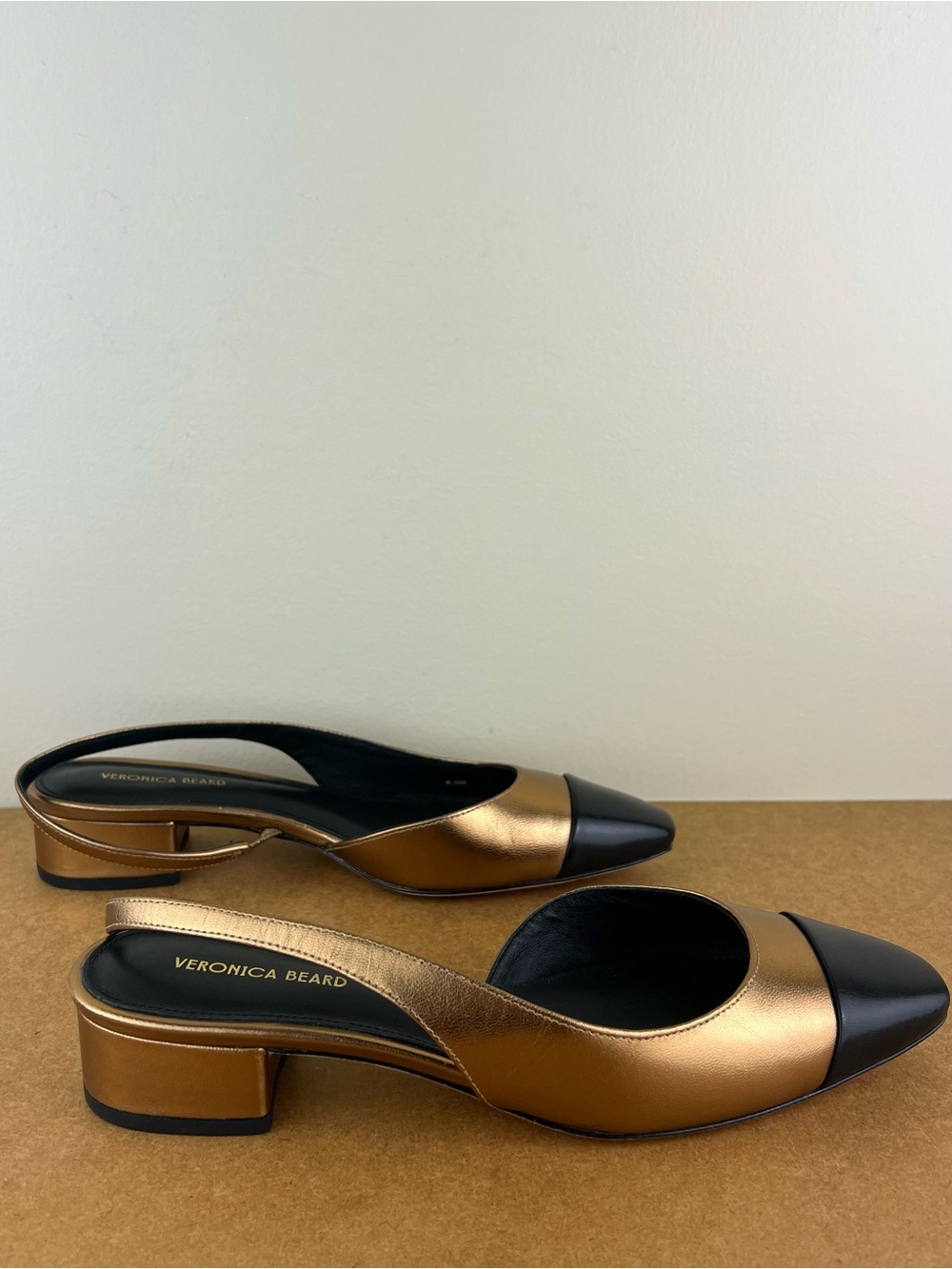 Veronica Beard Metallic Gold and Black Slingback Pumps - Picture 4 of 13